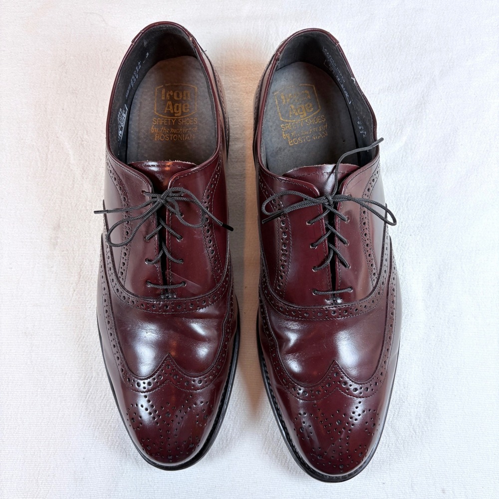 Vtg Iron Age Bostonian Men 11.5 M Burgundy Leather Wingtip Safety Toe Shoes USA